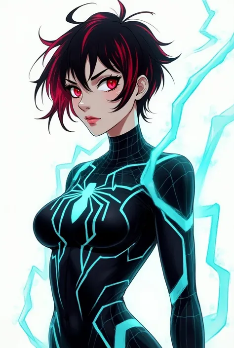 spider-girl,  with very short black hair with a tuft of red hair on the left and a blue one on the right, her black suit with lines and details aqua neon ,  pale skin and red eyes and in the style of comics