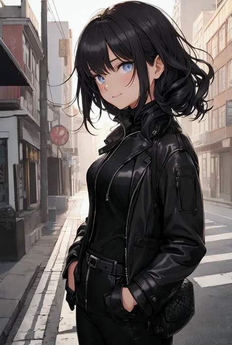 Score_9, score_8, score_7 up, girl, cool anime, half realistic, beautiful, masterpiece, nice, innocent, pretty, artistic, black hair, long messy, wavy long bad haircut hair, (without bangs), hazel blue eyes, smiling, eyelashes, faint blush, fair skin, high...