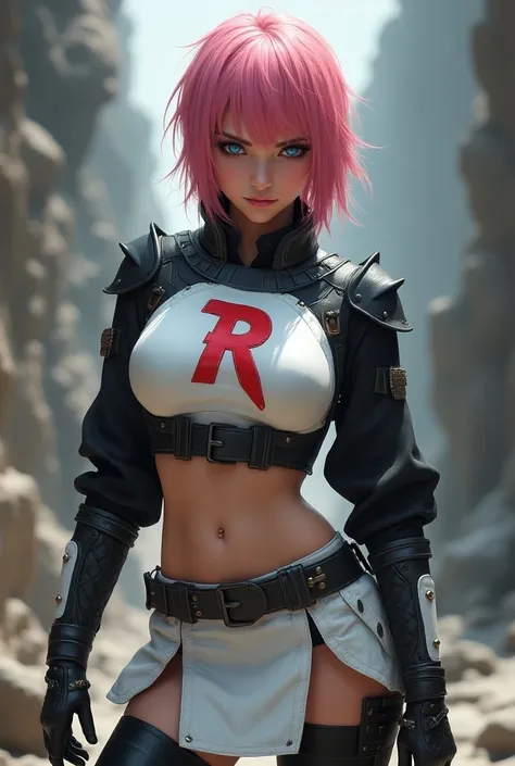 1 female, 18 years old, wearing white crop top armor over a black shirt. White miniskirt, long black thigh high stockings, heel boots. Blue eyes, short pink hair, thick black eyeliner. Red R on center of chest.