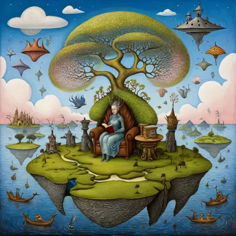 In the style of Jacek Yerka Paul Klee Jean-Baptiste Monge H.R.Giger Josephine Wall.  A woman sitting in a chair , on a small islet floating in the sky, in the center of the image, reads a book. On other small islands, dragons, fairy castles, leaves like tr...