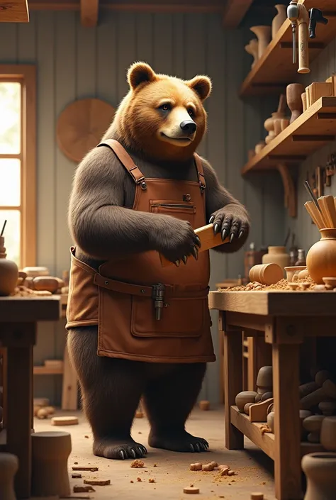 Bear working in his carpentry workshop