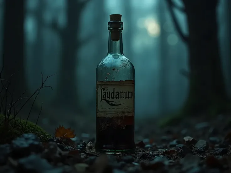  Glass bottle with a strange black liquid, old label written Laudanum , surrealist, darkness, dark fantasy, dramatic light, by Aitor Throup, forest at night