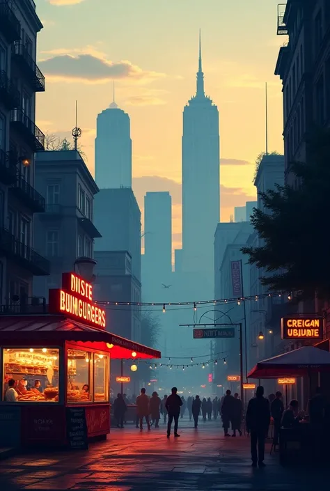 Create an urban city background where you can see the silhouette of the city in the background for an urban business selling hot dogs and hamburgers