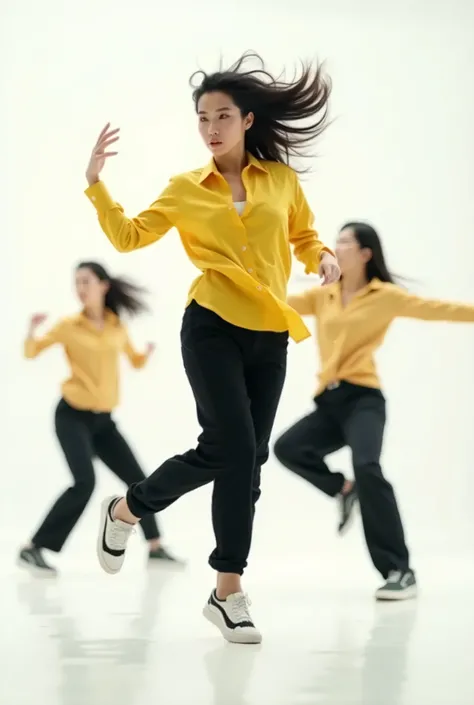 live-action、 real、solo、 beautiful Japanese woman in yellow shirt and black pants doing tricks on white background,  hip hopスタイル, males and females 非Realisticなフロア , Dynamic dance pose, Desperate dancing pose, Dancing Characters, Female dancer, modern dance,...