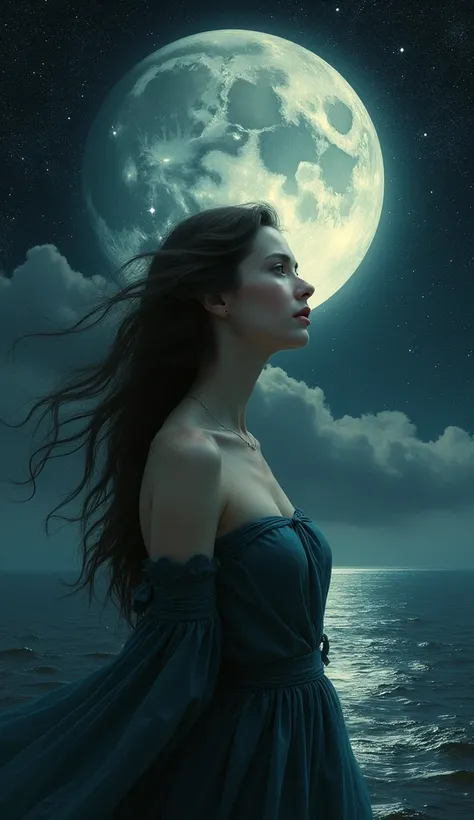 Woman with waxing Moon in the background with many stars and a dark sea