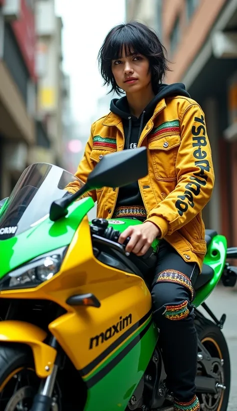 made clothes with the words Maxim Chapter Depok" on a yellow and green motorbike