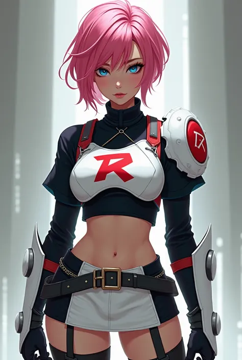 1 female, 18 years old, wearing white crop top armor over a black shirt. White miniskirt, long black thigh high stockings, heel boots. Blue eyes, short pink hair, thick black eyeliner. Red R on center of chest.