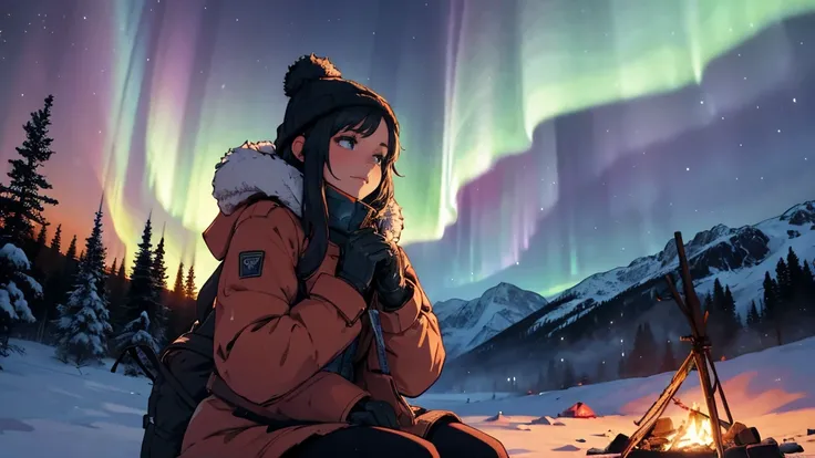 "A young woman, bundled in a winter coat and gloves, camps atop a snowy mountain. She sits beside a crackling campfire, gazing at a magnificent aurora and countless stars above. The vast, snowy landscape stretches around her, creating a sense of solitude a...