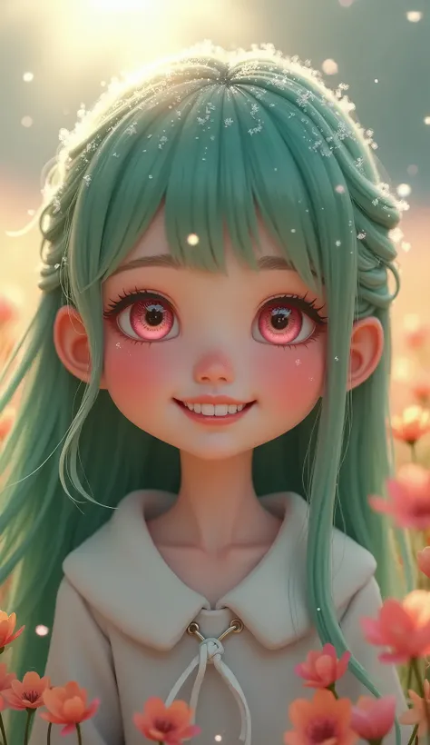 (Beautiful and cute girl)（Pink eyes) (Hundred smiles)     
 (High nose) (Wear white skin) (Long green hair)
(The flower field is behind.)(It&#39;s snowing),Smile 