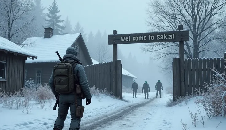 DayZ 4K Wallpaper. Snow. A village . A few Zombies ( glowing eyes).  On an entrance is Welcome to Sakal  (German, so wie ich es geschrieben habe auf German!!)  in front of the S there is a well-equipped survivor. 