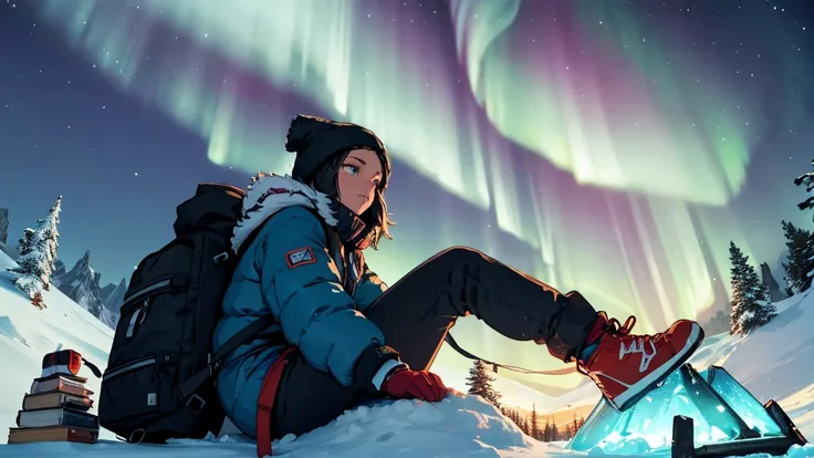 "A woman with a backpack and winter clothes sits beside her campfire on a snow-covered mountain peak at night. She gazes in awe at the vibrant auroras and twinkling stars above, feeling small against the vastness of nature. The snow glistens softly under t...