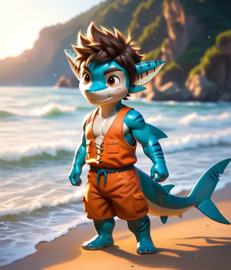 (cute, anthro, male, (((shark cub)))), full body, nude, (((orange shorts))), (((open orange vest))), curious, dynamic pose, beach, highly detailed, intricate details, best quality, masterpiece, sharp focus, sunlight, detailxl, zPDXL2 , bouche humaine
