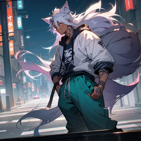 1male, young adult, dark skin, finely detailed plum eyes, messy top bun, wild long hair, grey hair color with blue highlights, designer hoodie, baggy pants, standing on street, night time, tokyo streets, excited expression, muscular, tattoos, holding soda ...