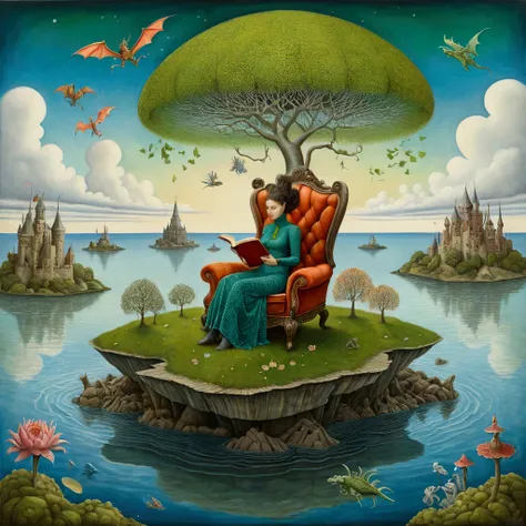 In the style of Jacek Yerka Paul Klee Jean-Baptiste Monge H.R.Giger Josephine Wall. A woman sitting in a chair , on a small islet floating in the sky, in the center of the image, reads a book. On other small islands, dragons, fairy castles, leaves like tre...