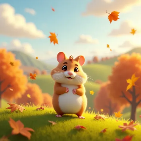 A 3D animated character of a hamster named Milo, with soft brown and white fur, standing on a grassy hilltop during a windy autumn afternoon. Milo stands with one paw placed in front of him, as if bracing against the breeze, while colorful autumn leaves sw...