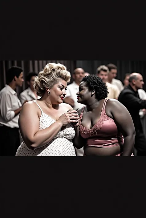 well rounded figure Marilyn Monroe and Ella Fitzgerald (obese, black woman) as lesbians in love, holding hands, shy eye contact, 