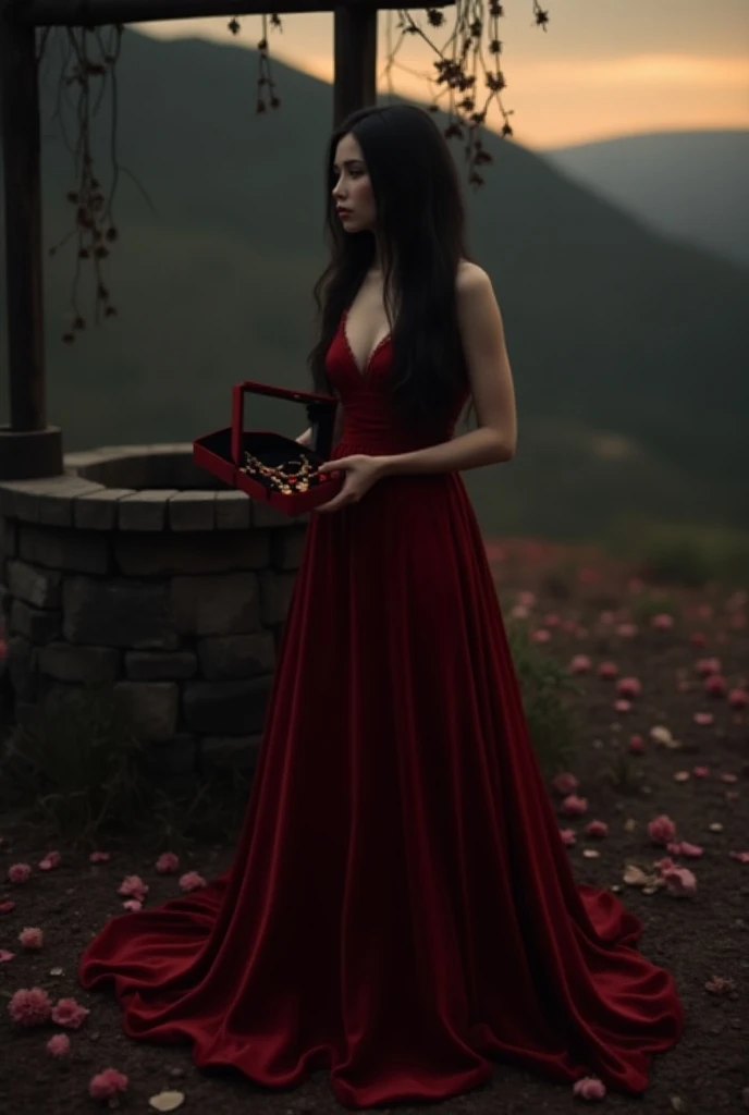 A girl with long dark hair in a velvet red dress holds a box with ruby necklaces by an old dilapidated well around a dusk valley covered with dried roses 