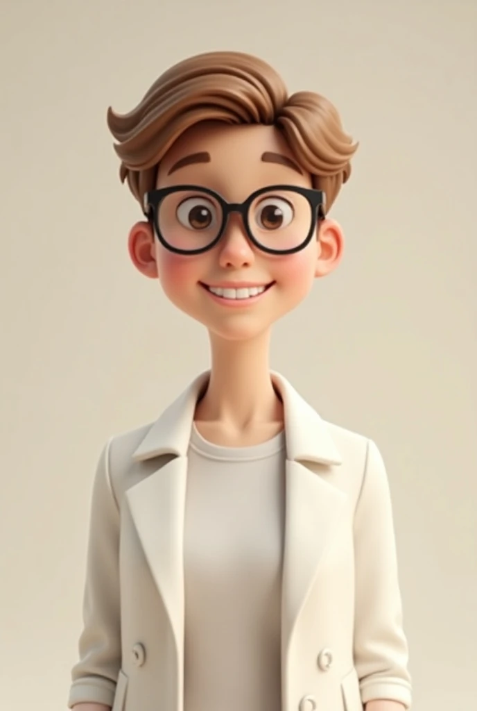  create a 3D character with short hair, with glasses, Very smiling, light brown skin, with light clothes, white jacket with t-shirt inside 