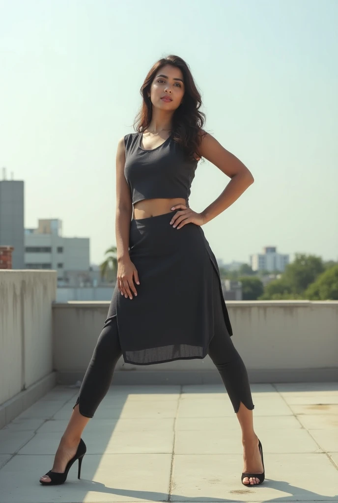 Girl in churidar Indian kurti legging tight wear hot on roof open leg pose no dupatta no plazo only tight legging hot knee length kurti short kurti tight legging Full image from head to leg 