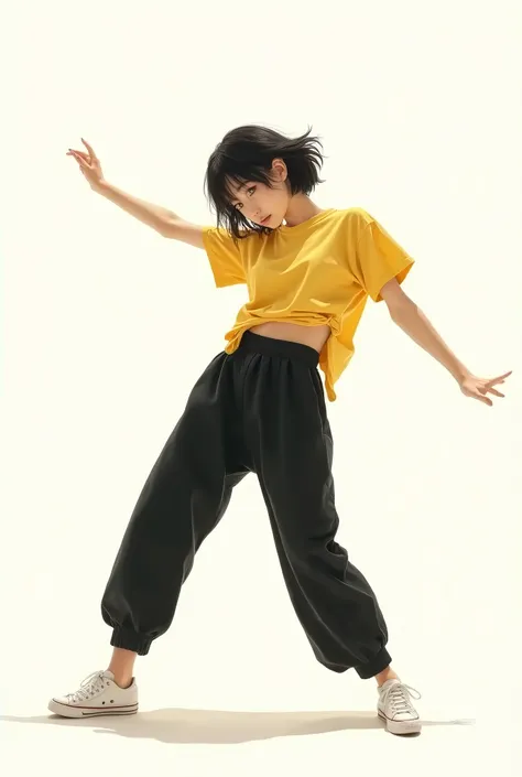 live-action、 real、solo、Beautiful Japanese schoolgirl in yellow shirt and black pants doing tricks on white background, Black Hair、 shortcut 、Pants、 hip hopスタイル, males and females 非Realisticなフロア , Dynamic dance pose, Desperate dancing pose, Dancing Characte...