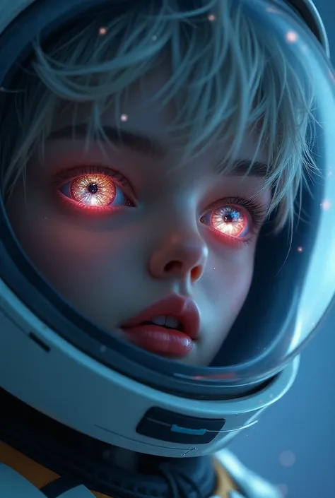  Close-up of an improved masterpiece:1.5)0.9], (Space and astronauts:1.2) ( Messy silver hair:1.1) (heterochromia: xanthochromia and blue eyes:1.2) (Space helmet:1.0) ( Colored stars in the eyes :1.0) (A radiant glow:1.1) ( Thick lips:0.9) Naked with your ...