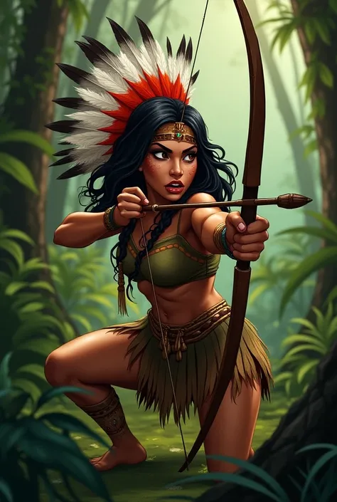  woman in Indian clothing ,  feathers on her head and with a bow and arrow prepared to shoot crouched in the woods with her mouth open as if she were screaming 