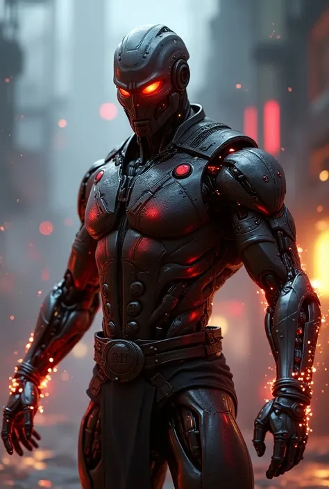 Futuristic cyborg version of Liu Kang from Mortal Kombat, blending martial artist aesthetics with advanced cybernetic enhancements. His body has metallic and synthetic parts, with glowing red energy lines running through his arms and torso, symbolizing his...