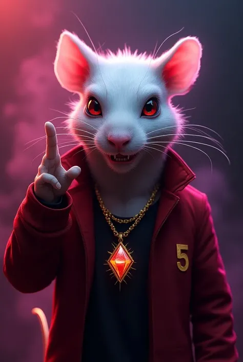  Create maximum realistic ultra quality image , White rat gangster ,  gold necklace with the pirgent of the ruffled diamond alien,  making a gesture shh double silence , red jacket with graphite number 55 color white,  ultra violet canvas background , spec...