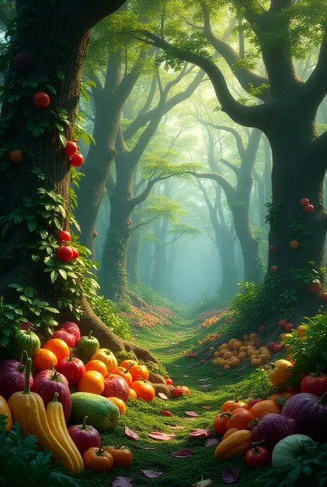 In this forest there are trees with fruits and vegetables on the ground