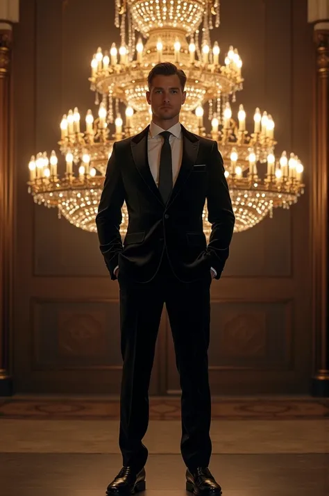 The image shows a man wearing a black velvet suit. He is standing in front of a large chandelier. The man has short brown hair and is wearing black loafers.



