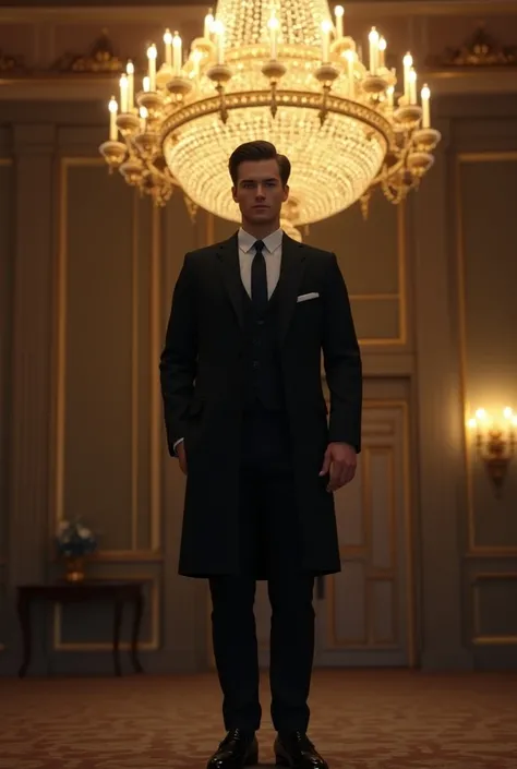 The image shows a man wearing a black velvet suit. He is standing in front of a large chandelier. The man has short brown hair and is wearing black loafers.
And short hair


