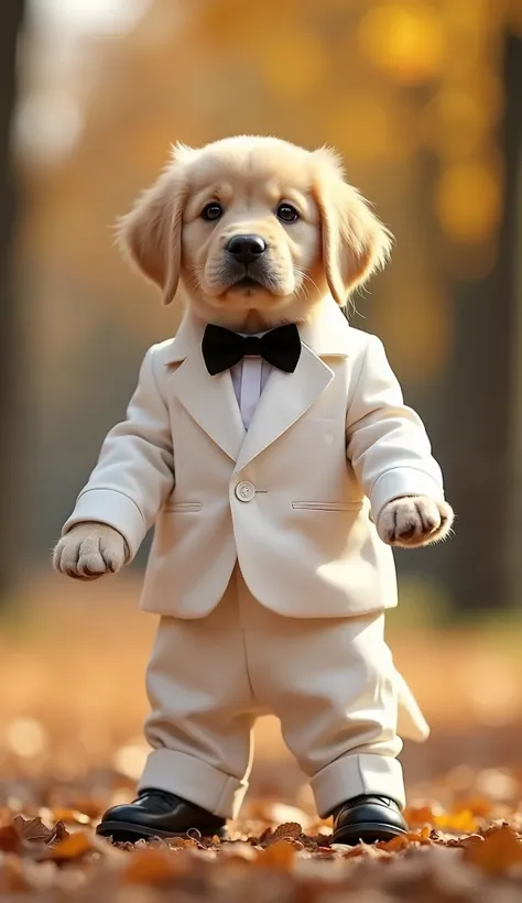 
 newborn golden retriever 、

Puppies wear the following clothes

Im wearing a white tuxedo、
Wearing white trousers、
 wearing black leather shoes、

Background、Wedding Venues、The autumn sun is shining in 、



 characteristics of puppies are as follows 、
who...