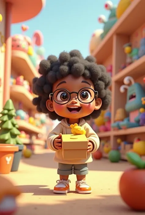 3D cartoon character, a one year old girl, happy female black hair holding a box close to her face, she wears glasses, white shirt, she is in a toy store