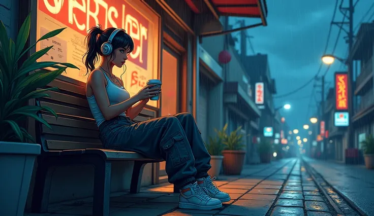 A woman dressed in hip-hop clothes sits on a bench in front of a convenience store, facing the street. He is listening to music through headphones and holding a cup of hot coffee. The background features a night sky convenience store, with clouds and light...