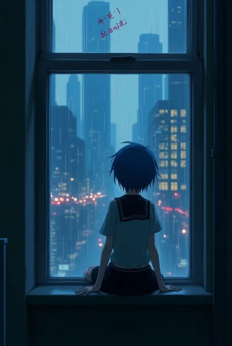 Fais moi une cover montrant Rei Ayanami de Neon Genesis Evangelionregardant assis sur le rebord de la fenêtre une ville chberpunk a travers la fenêtre avec de la pluie ruisselante ainsi qu’un coeur dessiné sur la buée de la vitre dans le style de l’animati...