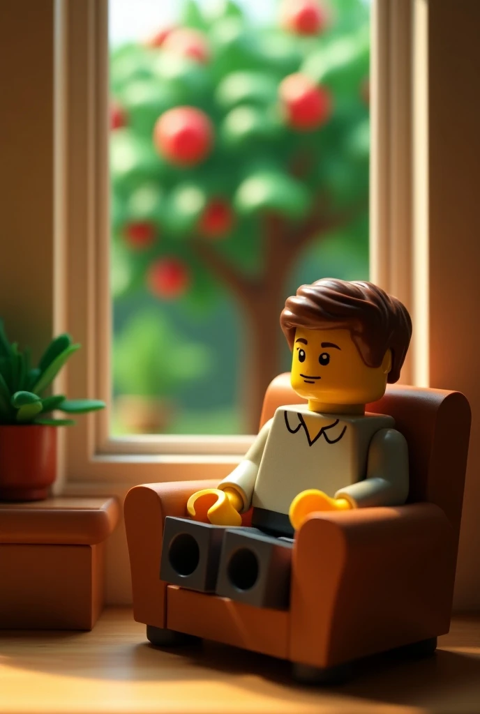 Describe a lazy boy with brown hair sitting in his house and see an apple tree in the garden in lego art