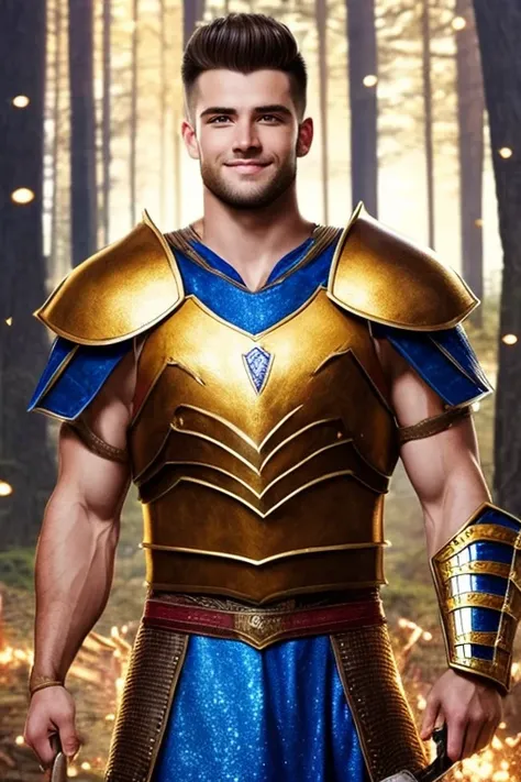 Photo realistic. A handsome, twenty-year-old, Caucasian, muscular medieval warrior, with fade-cut, brown hair, stubble, and blue eyes, wearing sleeveless, shimmering blue and gold armor, smiling slightly, standing in a magical forest, with glowing lights f...