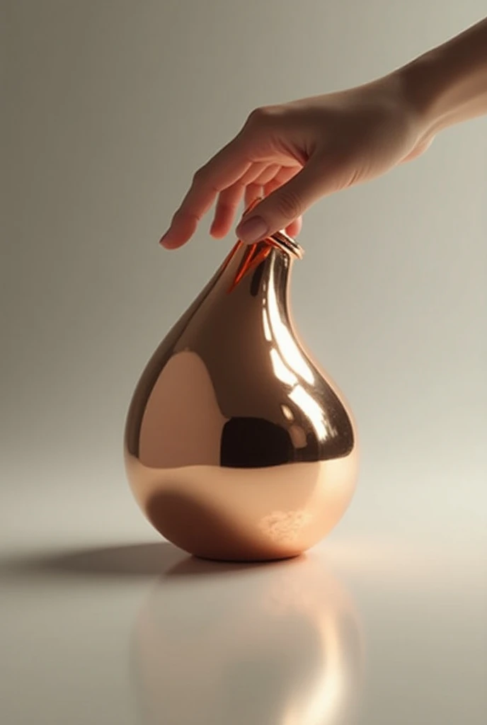 A provocative, penis-shaped container. The container is sleek, with a lustrous, metallic finish that catches the light sensually. A womans hand gripping the container,  spilling over from the top of the container.