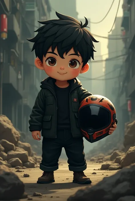 A little chubby anime-style boy with short Peruvian-style hair with brown eyes, black clothing and a motorcycle helmet in his hand against a dark war background with rappi symbols 
