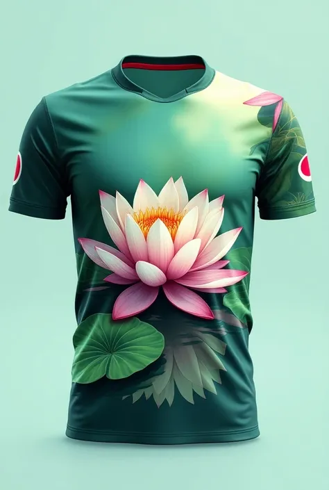 front side of a Bangladeshi Jersey, 
there is no sponsors logo, 
just a pic of bloomd water lily