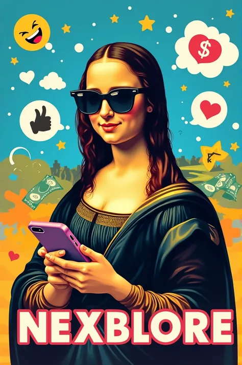 Create a lively poster concept for the Gen Z marketing agency "Nexblore," featuring a humorous, modern twist on the Mona Lisa. Picture Mona Lisa reimagined as a Gen Z influencer: shes rocking oversized sunglasses, stylish streetwear, and holding a smartpho...