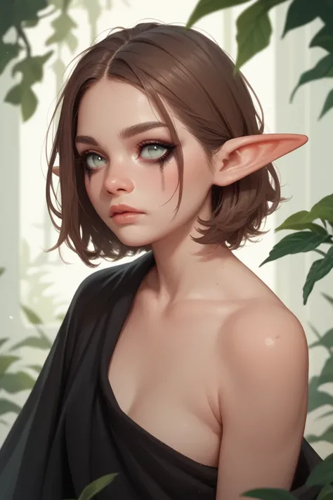 The girl is small, she has green-gray eyes, fair skin, small elf ears, brown hair, in black clothes and nude makeup