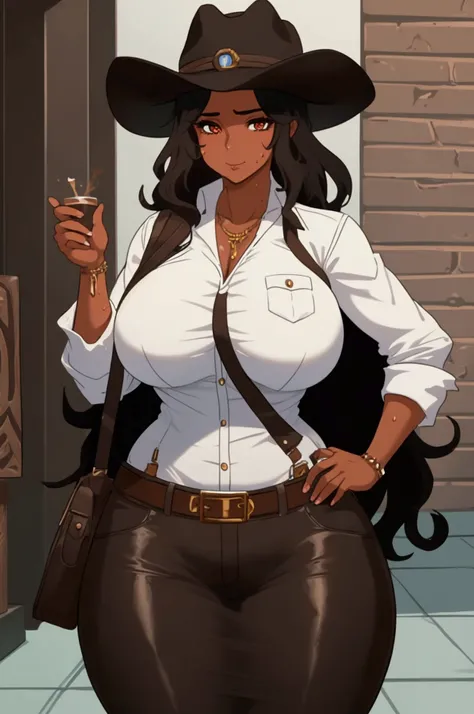 Female Indiana Jones,wavy black hair,curvy body,big breasts, seductive eyes,brown leather satchel, brown cowboy hat, sweaty, glistening skin, standing inside a building with a hieroglyphs decorating the walls.