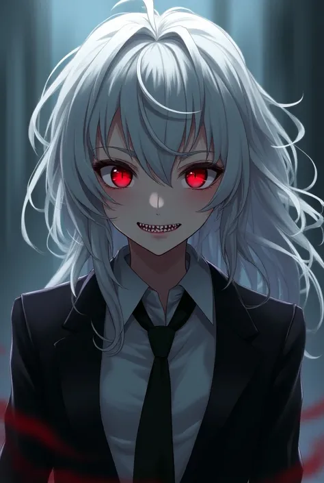 anime,androgynous  , white hair ,red eyes, sharp smile with the word mier written