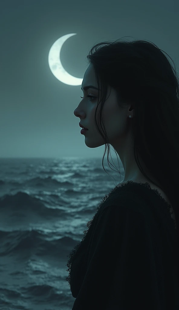 Reflective woman with a waning moon in the background and a dark sea
