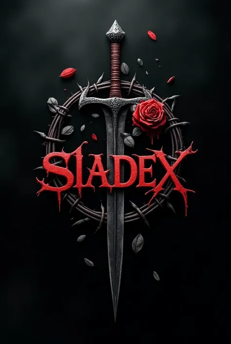 gothic heavy metal logo very intricate with writing "Siadex" blood red colored text. barbed wire with rose and dagger .background darkness. hyper realistic photo realistic 8k