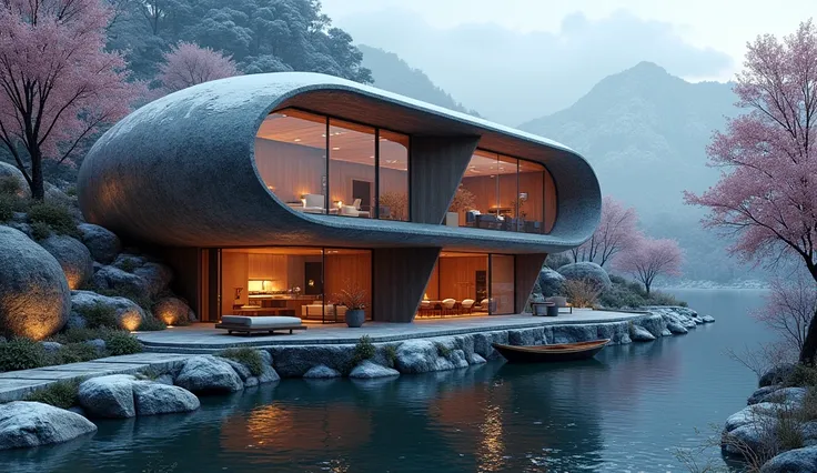 A futuristic 2 story house beside a river surrounded by snowy mountains and modern look sphere shape of house, a highly detailed kitchen, night time small moon reflection on the river made by illustrations. highly detailed interior. curved interior walls, ...