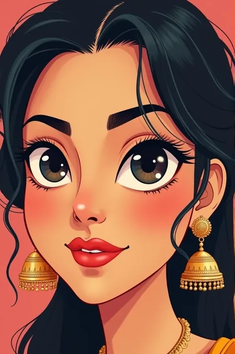 Close-up of a womans face focusing on her round, expressive eyes and traditional Indian jhumka earrings that are bell-shaped with intricate designs. The background should be simple to highlight the features." Cartoon 