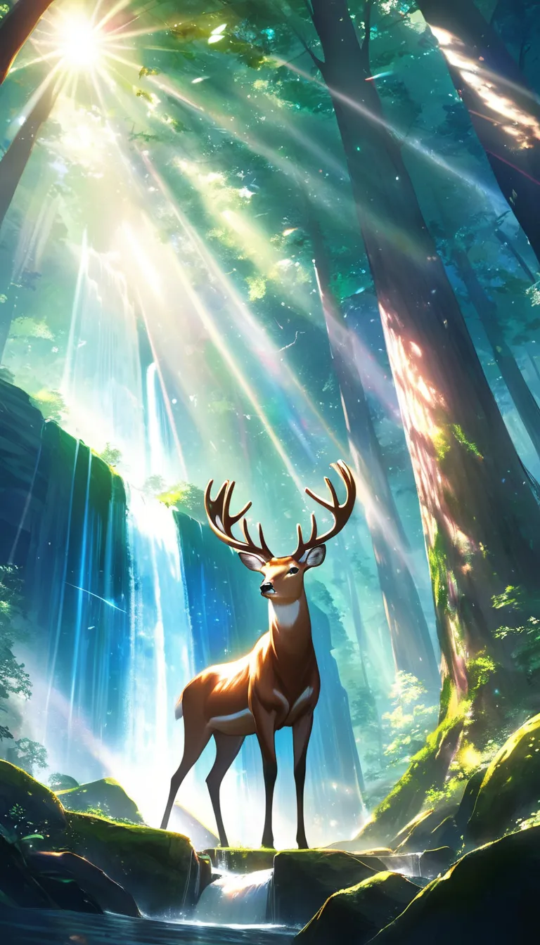 score_9, score_8_up, score_7_up, score_6_up, low angle, anime, no human, a deer, forest, sunlight, god ray, waterfall, glitter,