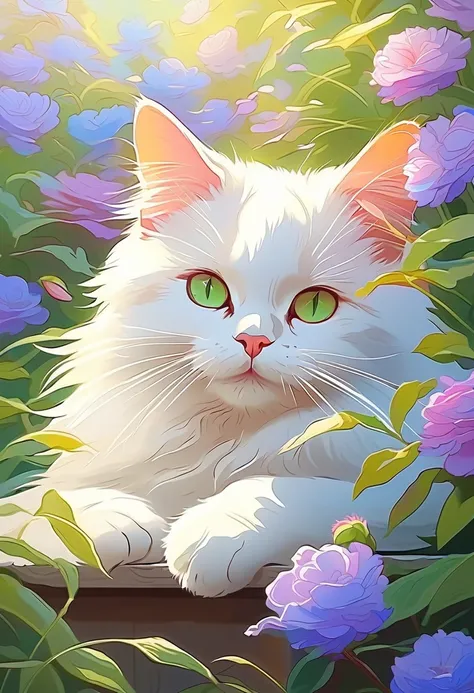 (Highest quality:0.8), (Highest quality:0.8), Perfect illustration,Cat close-up、Portrait、garden、Cat sleeping on a bench、sunny、flower、Calm、(Best quality,Ultra-detailed,Realistic),Beautiful detailed green eyes,curious expressions,with its soft fur,Small paws...